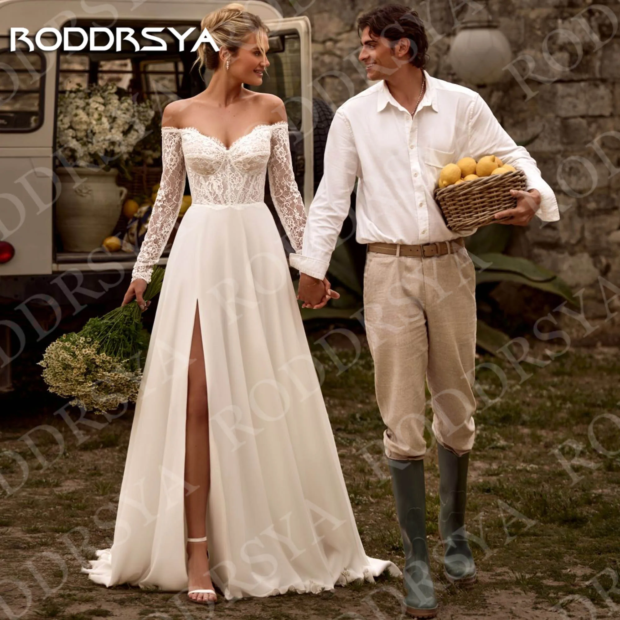 RODDRSYA Elegant Wedding Dresses Boho Woman Off Shoulder Lace Long Sleeves Split Bridal Dress Chiffon Customized Robe De Mariée