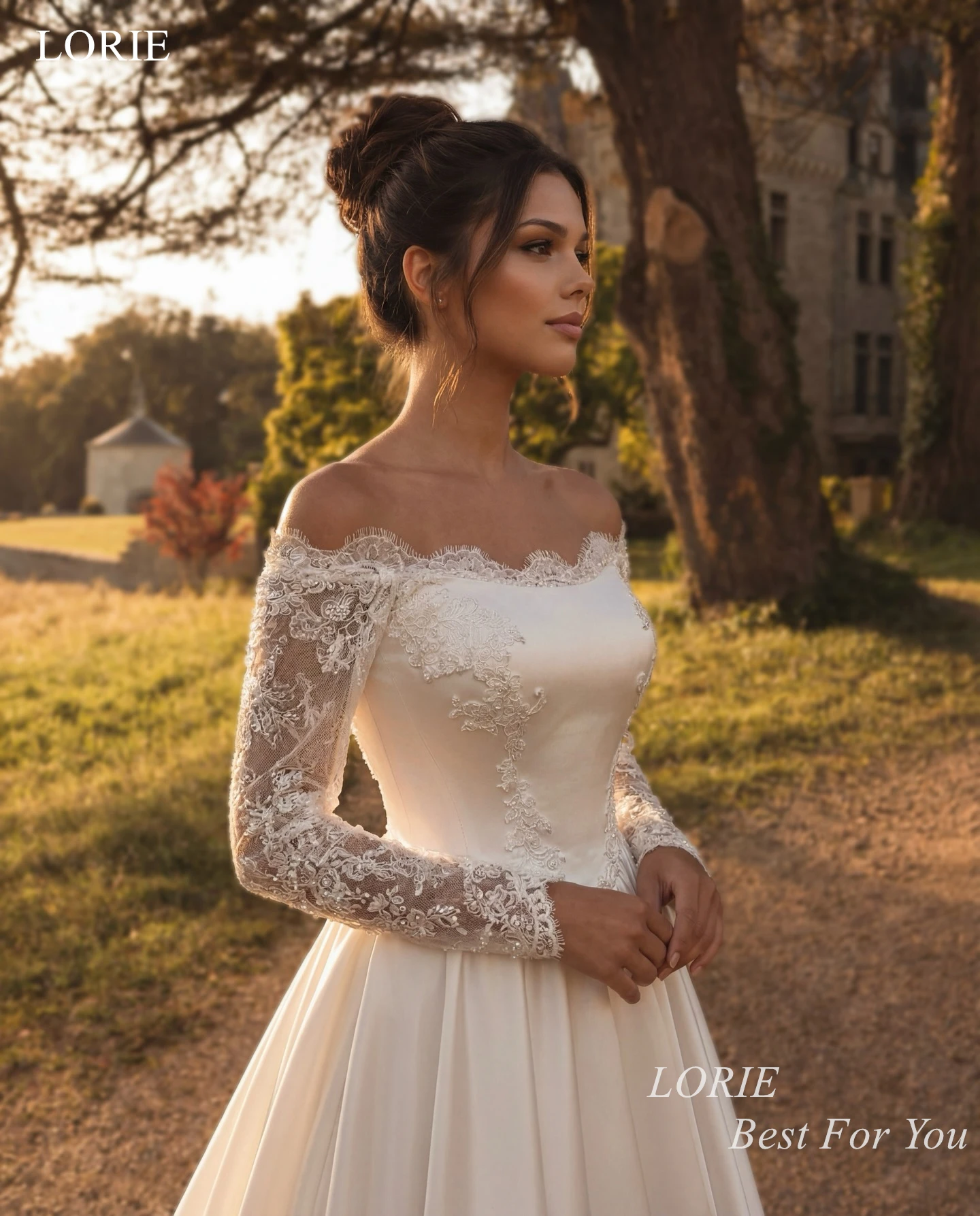 LORIE Exquisite Satin Wedding Dresses Off The Shoulder Lace Full Sleeves Bridal Dress A-Line Train Bride Prom Gowns Customized