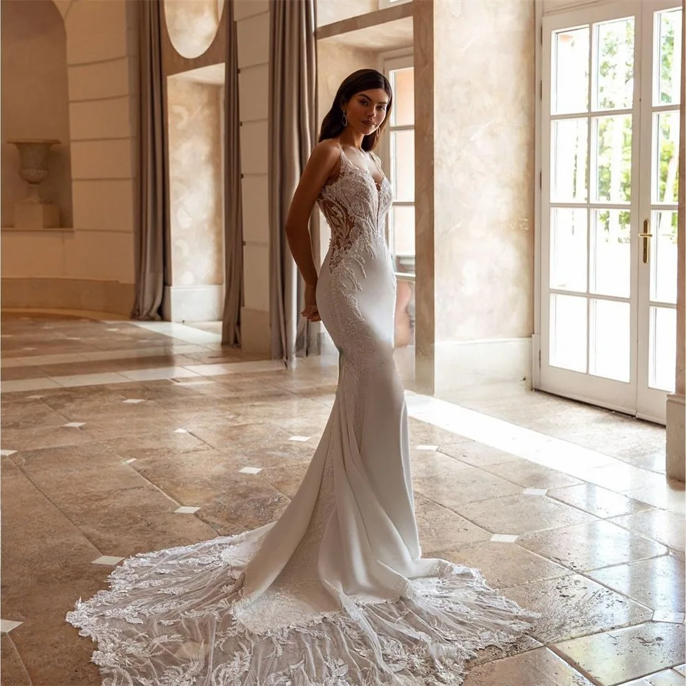 Luxury V-neck Mermaid Wedding Dresses for Women Spaghetti Straps Lace Appliques Robe De Mariee Backless Bridal Gown