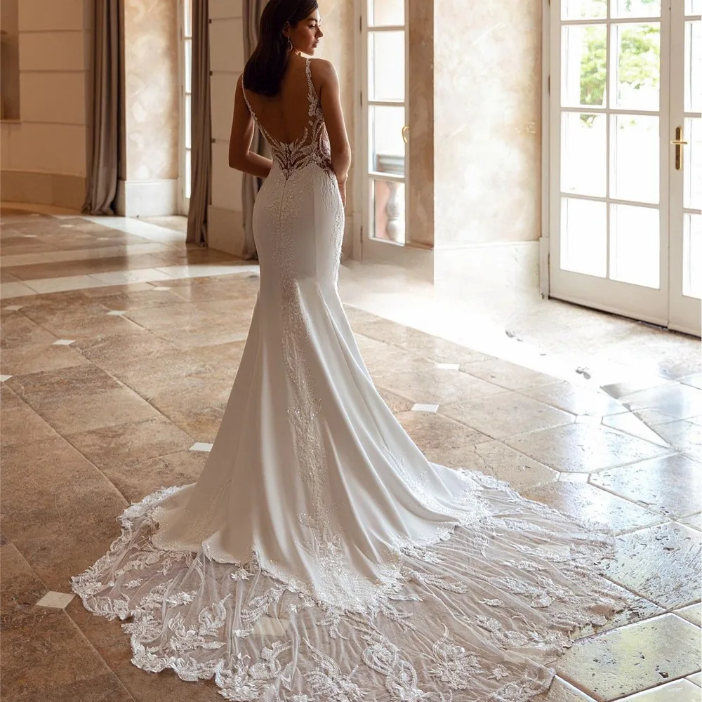 Luxury V-neck Mermaid Wedding Dresses for Women Spaghetti Straps Lace Appliques Robe De Mariee Backless Bridal Gown