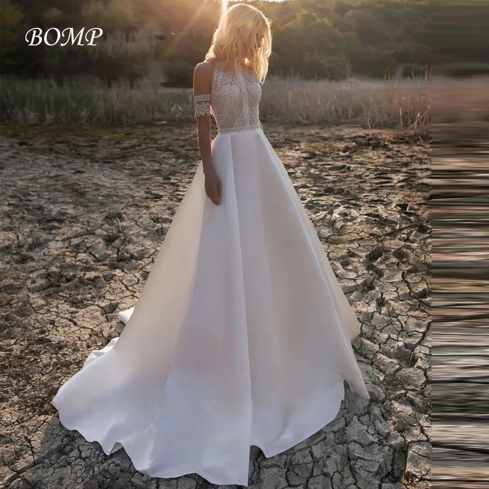 BOMP Bohemian Wedding Dress for Women A-Line Boho Lace Detachable Sleeves Satin Bridal Gown Pearls robe de mariée Customized