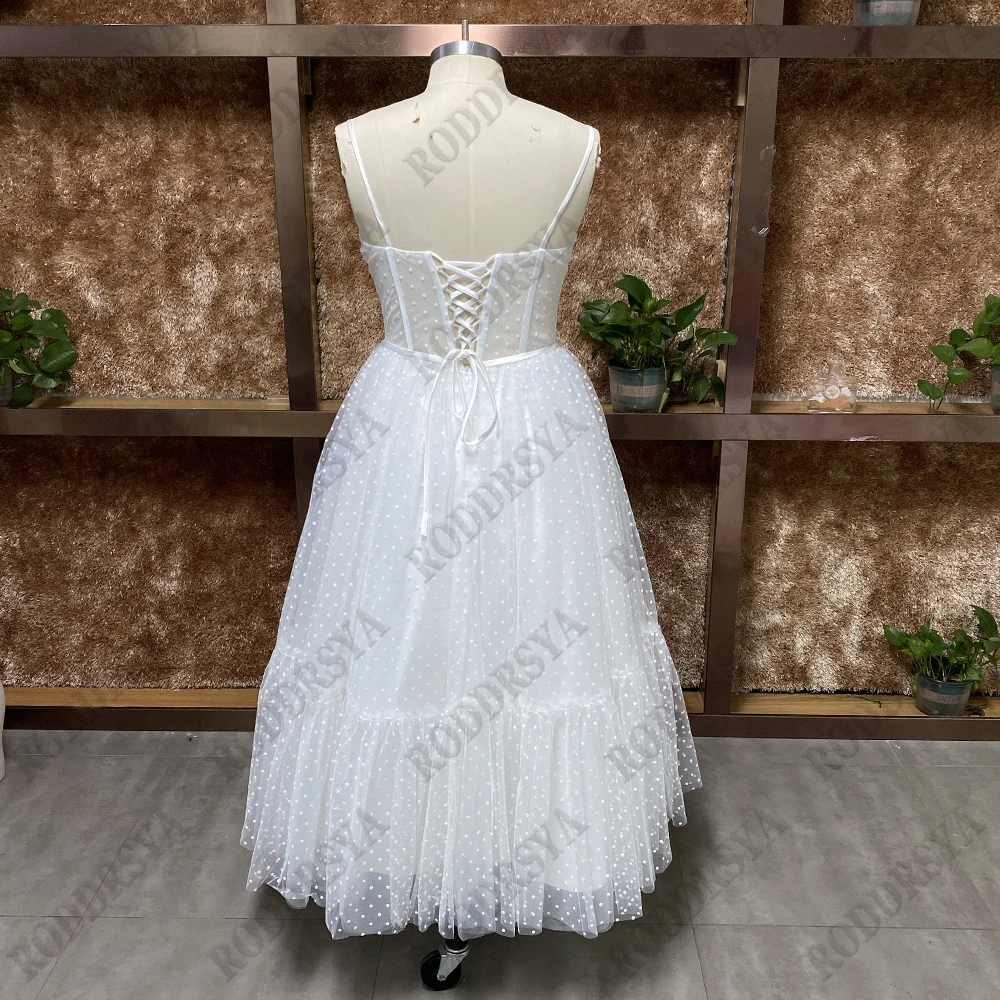 RODDRSYA Short Wedding Dress 2023 A Line Sweetheart Spaghetti Straps Dot Tulle Bridal Gown Lace Up Back Ankle Length Custom Made