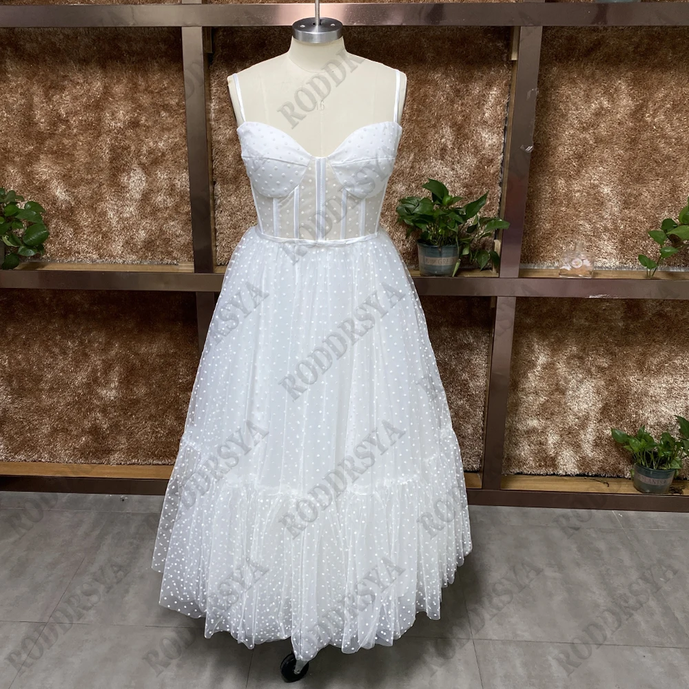 RODDRSYA Short Wedding Dress 2023 A Line Sweetheart Spaghetti Straps Dot Tulle Bridal Gown Lace Up Back Ankle Length Custom Made