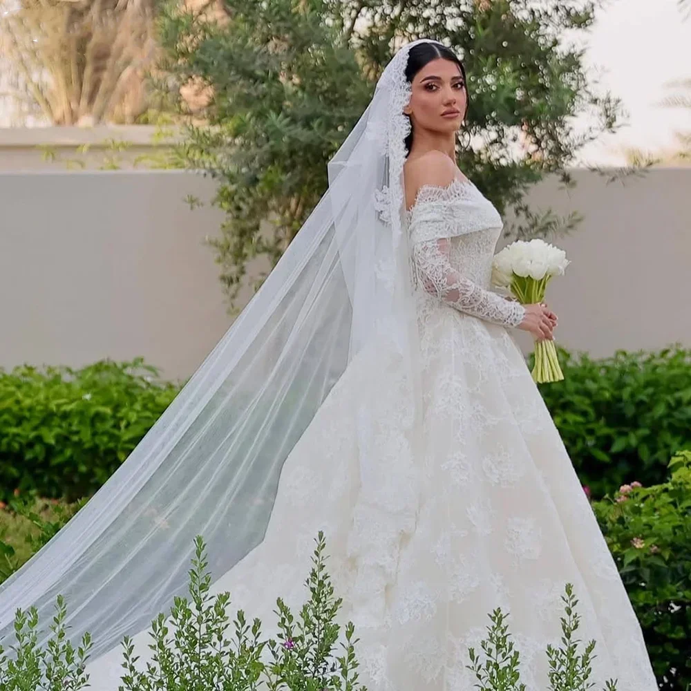 Customzied Romantic Lace A-Line Boat-Neck 2025 Wedding Dress Off Shoulder Backless Court Train Long sleeves Bride Dress