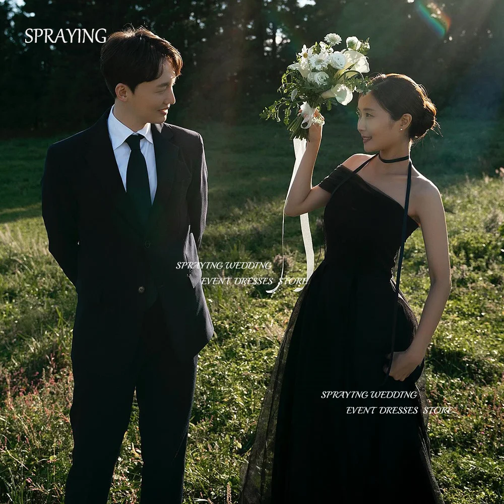 SPRAYING Korea Wedding Dresses Off the Shoulder Simple Tulle Black Long Bridal Gown 웨딩드레스 Custom Made Backless Customized 2025