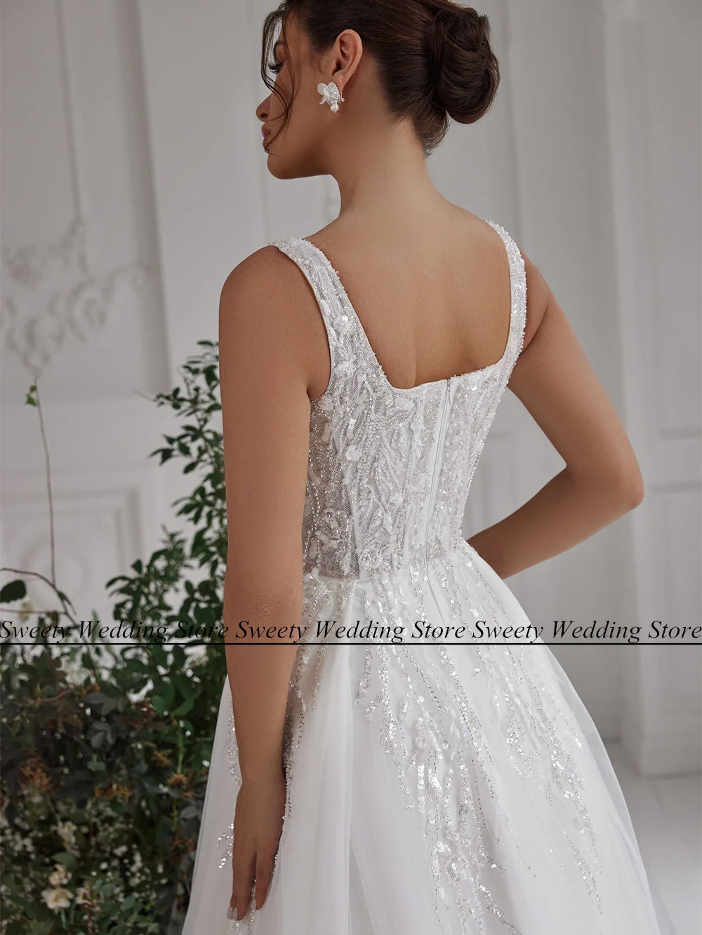 Jiayigong Sparkling Wedding Dress Bridal Gown Customized Square Neck Beading Sequin High Split A Line Arabic Bride Dresses