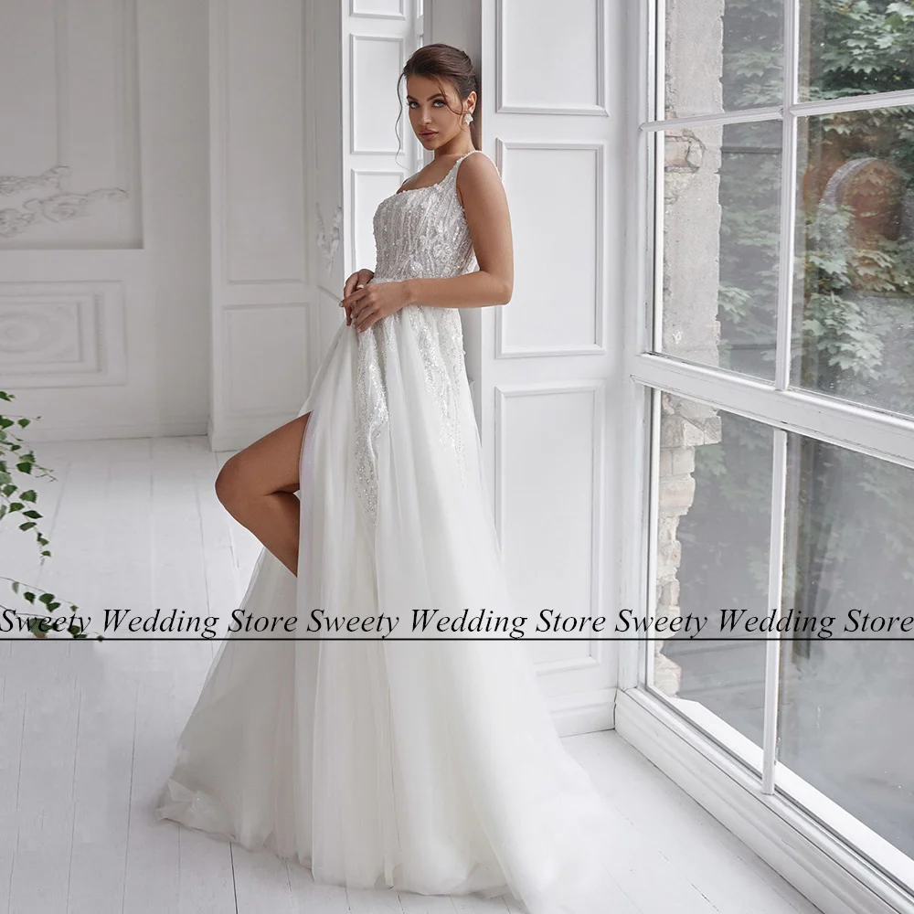 Jiayigong Sparkling Wedding Dress Bridal Gown Customized Square Neck Beading Sequin High Split A Line Arabic Bride Dresses