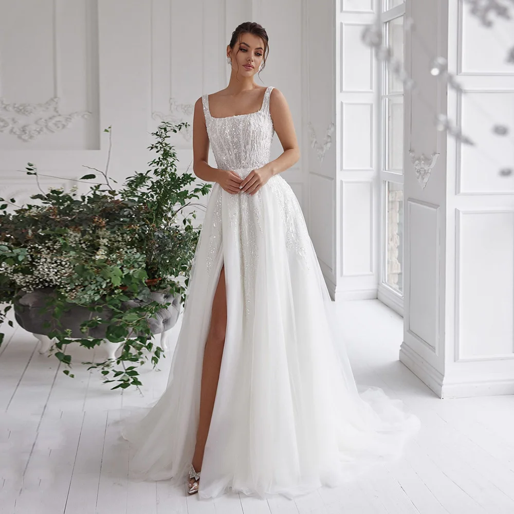Jiayigong Sparkling Wedding Dress Bridal Gown Customized Square Neck Beading Sequin High Split A Line Arabic Bride Dresses