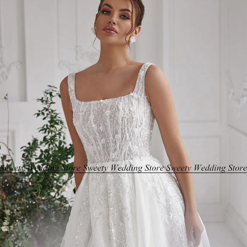 Jiayigong Sparkling Wedding Dress Bridal Gown Customized Square Neck Beading Sequin High Split A Line Arabic Bride Dresses