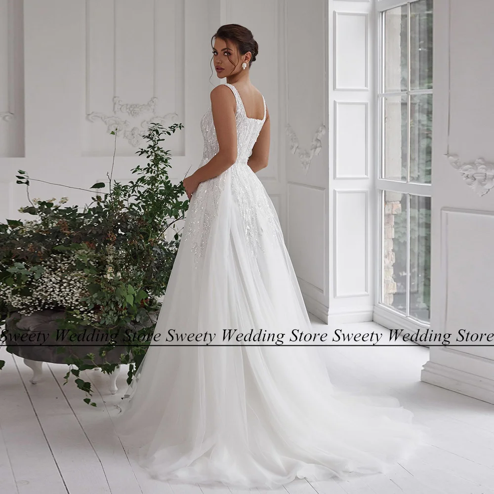 Jiayigong Sparkling Wedding Dress Bridal Gown Customized Square Neck Beading Sequin High Split A Line Arabic Bride Dresses