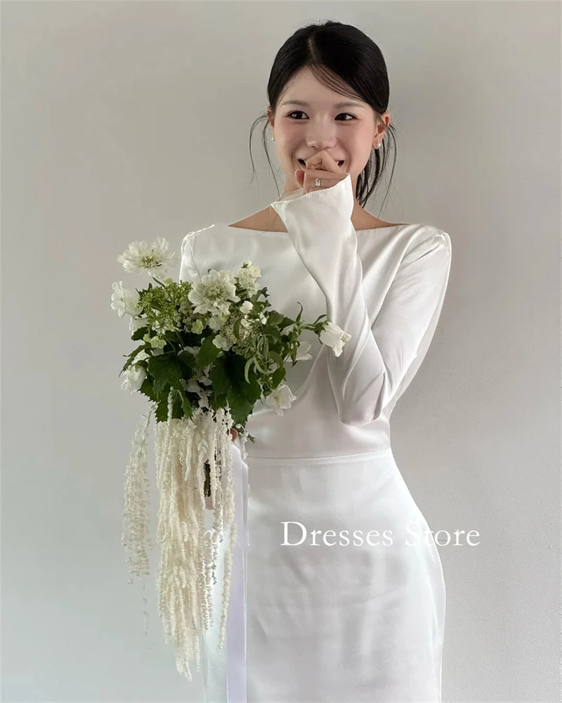 OLOEY Korea Sheath Wedding Dresses 웨딩드레스 Silk Satin Ivory Boat Neck Long Sleeves Customized Pretty Bride Gowns Plus Size