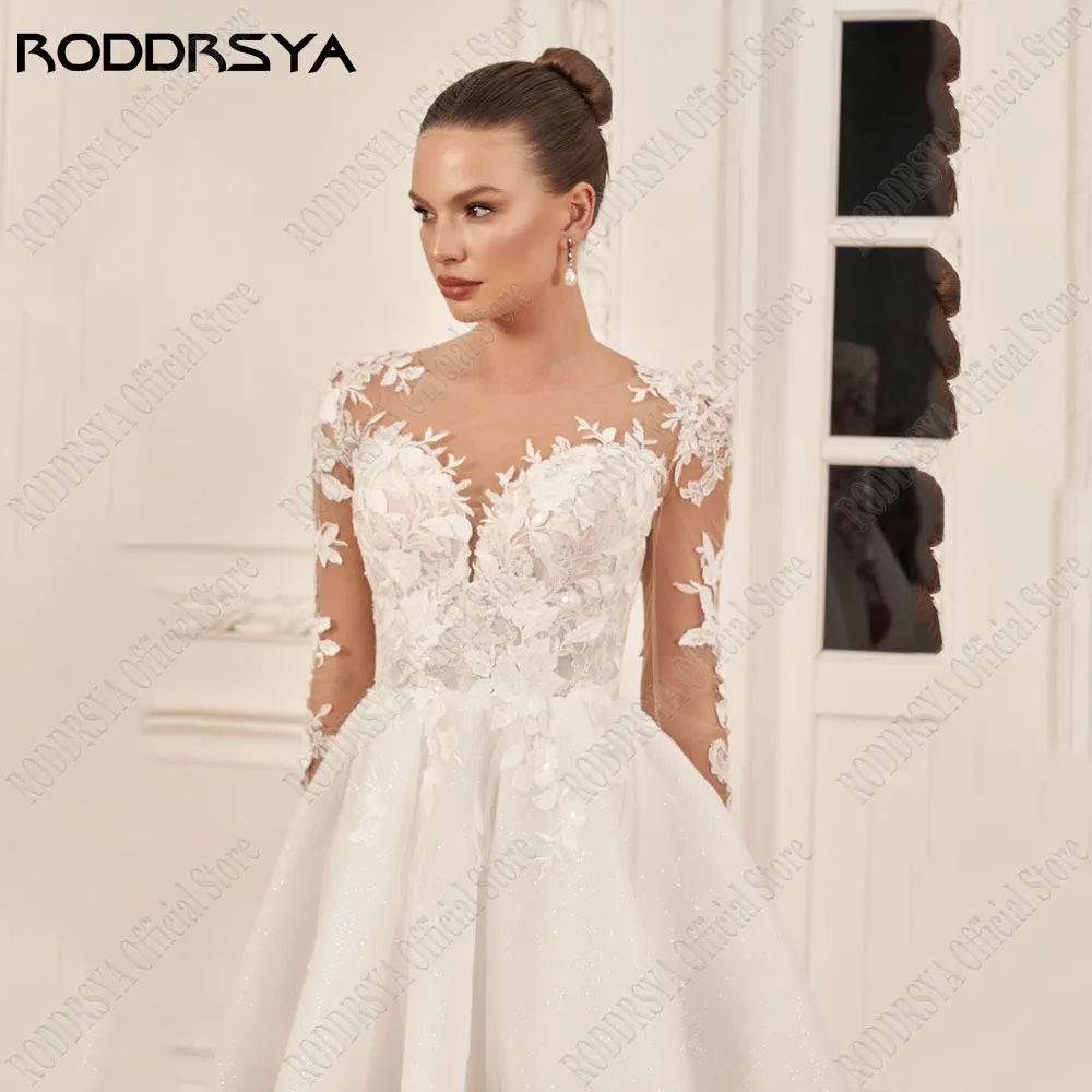 RODDRSYA Short Lace Wedding Dress O-Neck Long Sleeves A-Line Applique Civil Bride Gown Tulle Lace Up свадебные платья customized