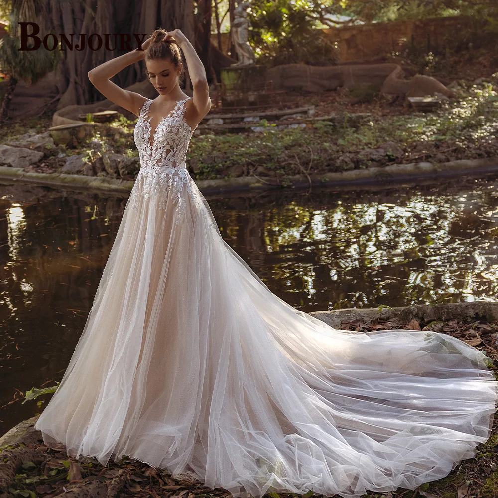 BONJOURY Exquisite High Slit Wedding Dresses Pearls Spaghetti Straps Pleat A-line Sweep Train Brautkleid De Mariee Customized