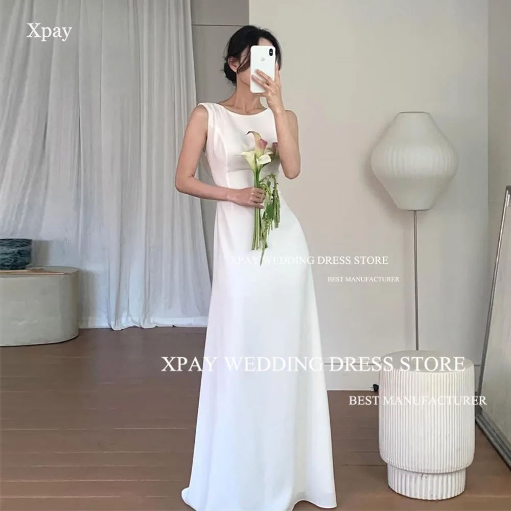 XPAY Elegant Scoop Neck Korea Wedding Party Dresses Cowl Backless Satin Customized Bride Dress Backless Bridal Gown Photos Shoot