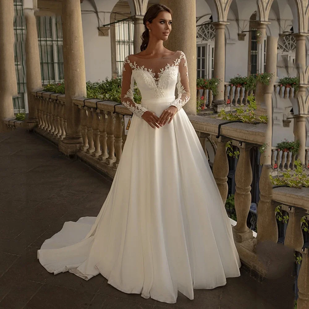 A-Line a Long Sleeve Satin Wedding Dresses Elegant Women's Round Neck Lace Applique vestidos de novia Princess Bridal Dress
