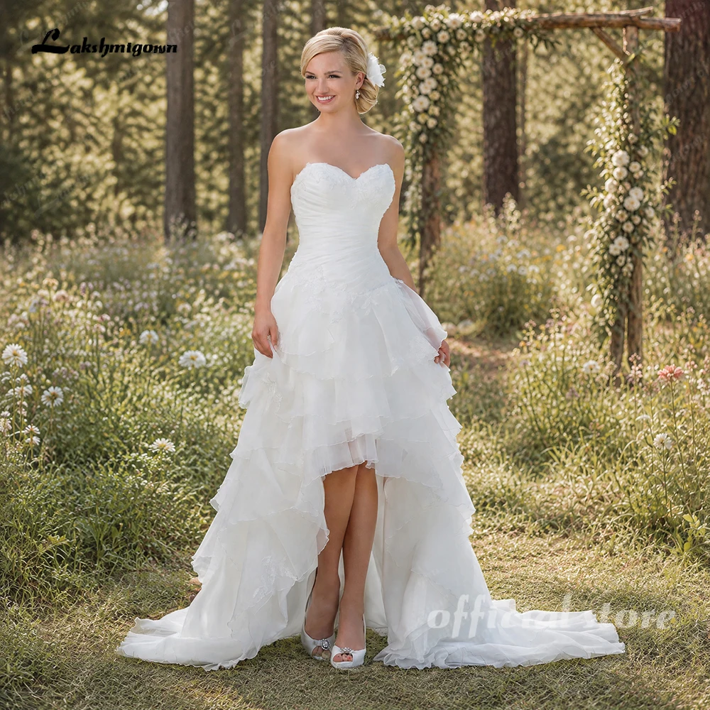 Lakshmigown Organza High Low Country A line Wedding dress for bride With Pleated Bodice Corset Tiered Skirt Beach Bridal Dress