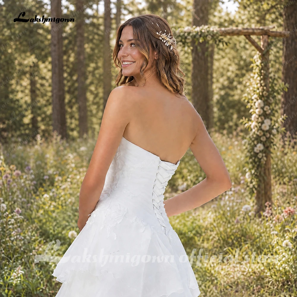 Lakshmigown Organza High Low Country A line Wedding dress for bride With Pleated Bodice Corset Tiered Skirt Beach Bridal Dress