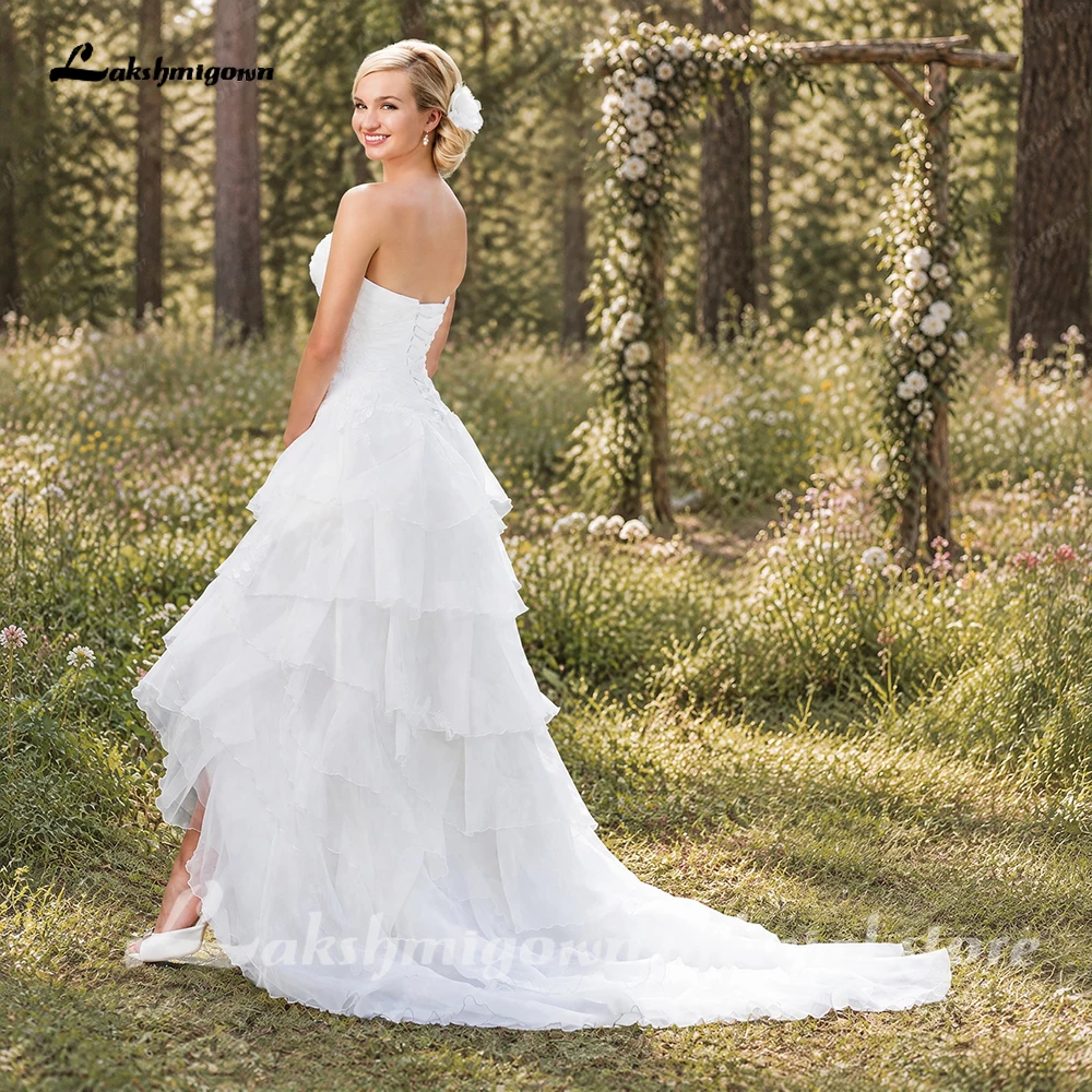 Lakshmigown Organza High Low Country A line Wedding dress for bride With Pleated Bodice Corset Tiered Skirt Beach Bridal Dress
