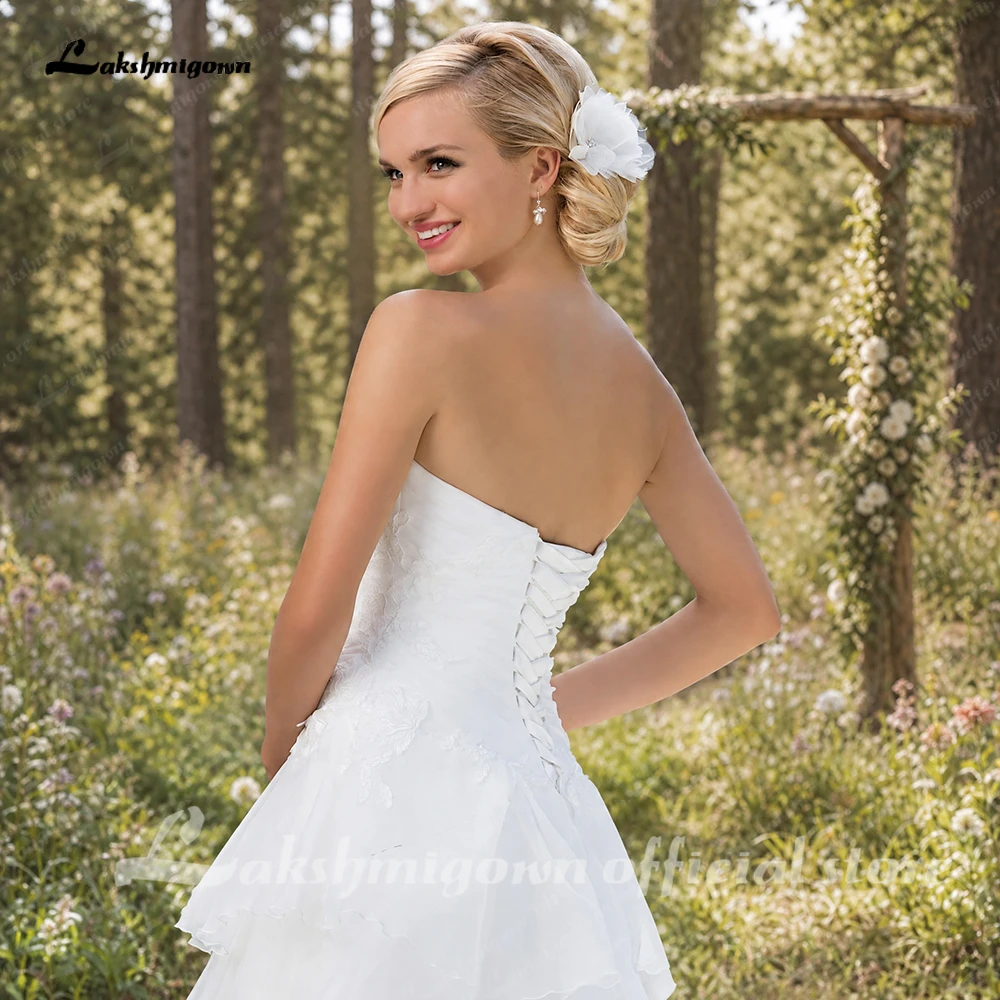 Lakshmigown Organza High Low Country A line Wedding dress for bride With Pleated Bodice Corset Tiered Skirt Beach Bridal Dress