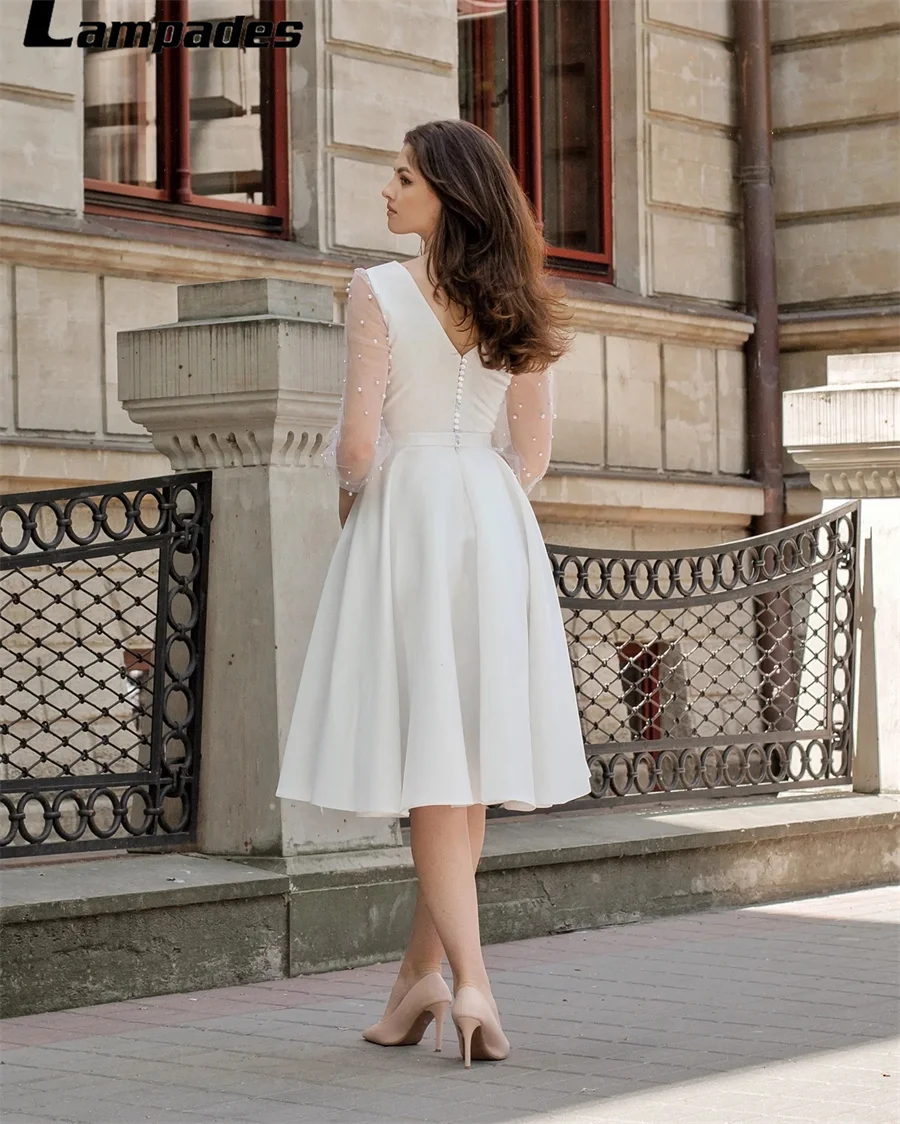 Civil Wedding Dress with Pearl Long Sleeves Knee Length Robe De Mariage 2022 Nouveauté Vestidos Elegantes