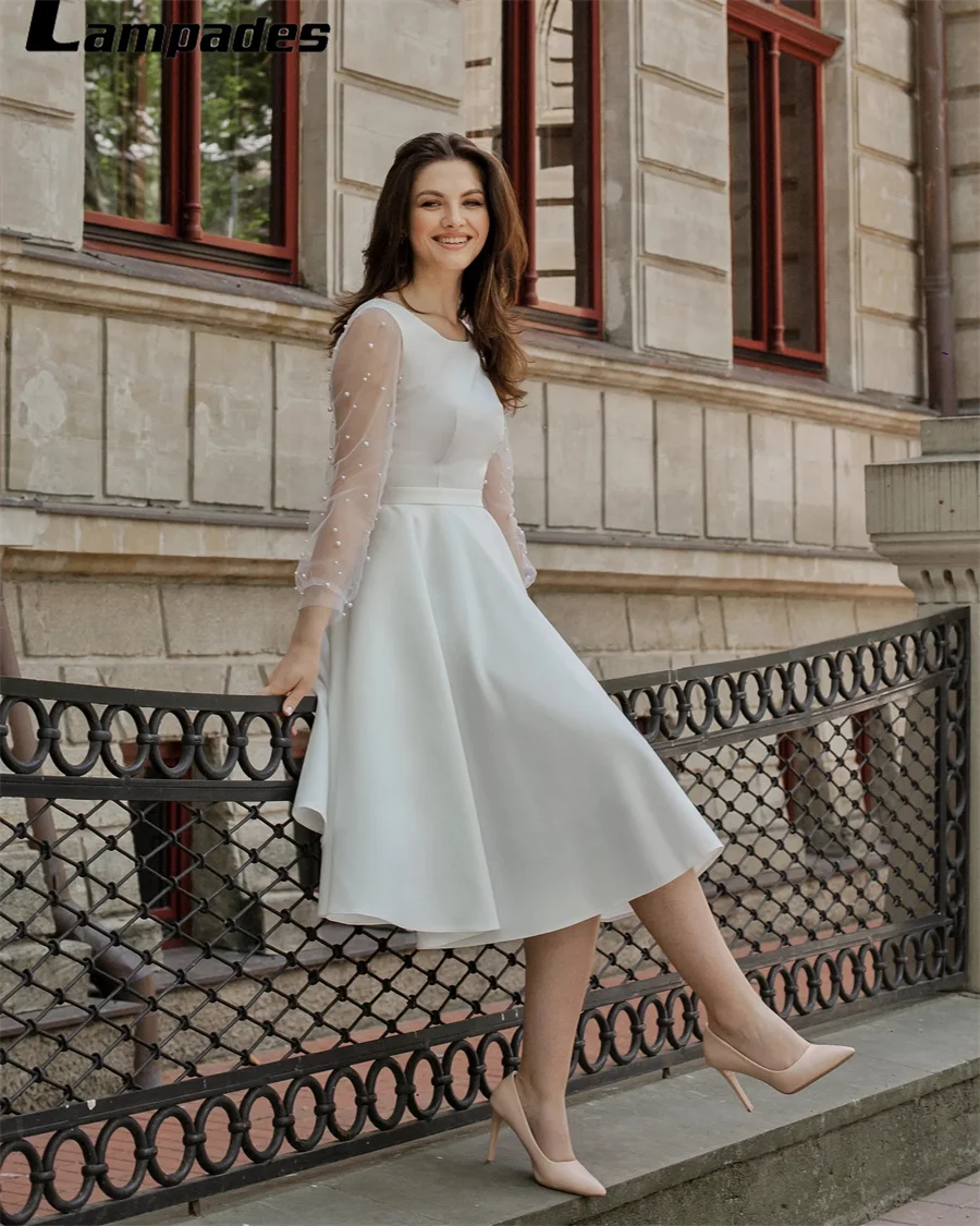 Civil Wedding Dress with Pearl Long Sleeves Knee Length Robe De Mariage 2022 Nouveauté Vestidos Elegantes