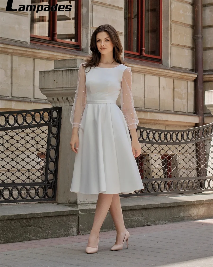 Civil Wedding Dress with Pearl Long Sleeves Knee Length Robe De Mariage 2022 Nouveauté Vestidos Elegantes