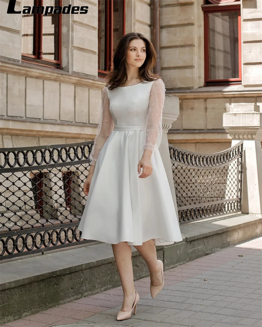 Civil Wedding Dress with Pearl Long Sleeves Knee Length Robe De Mariage 2022 Nouveauté Vestidos Elegantes