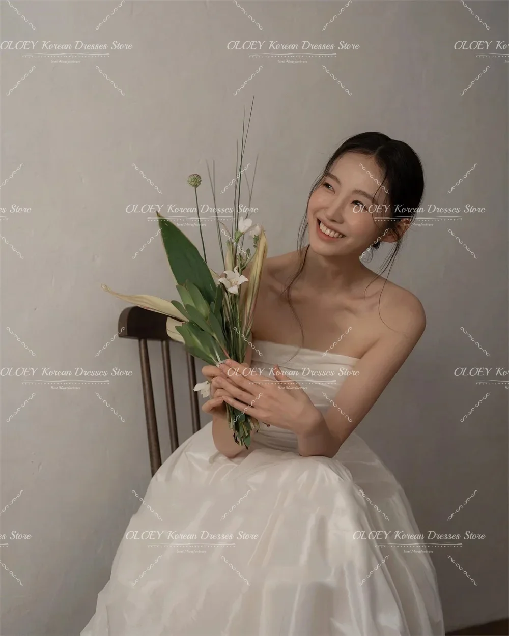 OLOEY Simple A Line Taffeta Korea Wedding Dress Customized Photoshoot Strapless Corset Back Floor Length Bridal Gown Plus Size