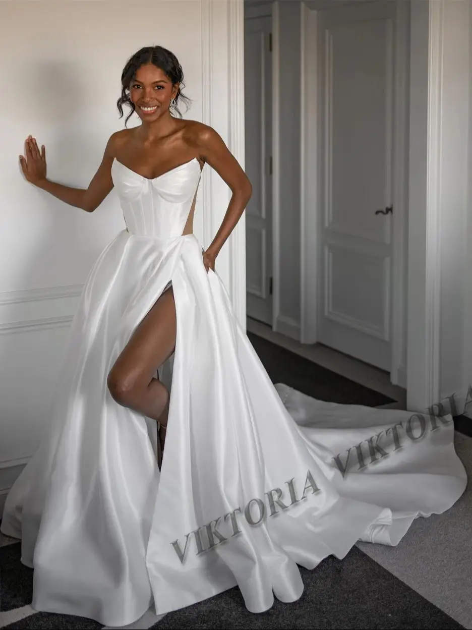 VIKTORIA Simple Satin Wedding Dresses For Woman Bride A-line Slit Strapless Pleat Vestido De Casamento Personalized Customized