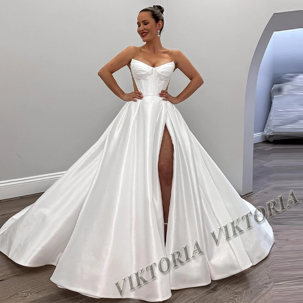 VIKTORIA Simple Satin Wedding Dresses For Woman Bride A-line Slit Strapless Pleat Vestido De Casamento Personalized Customized