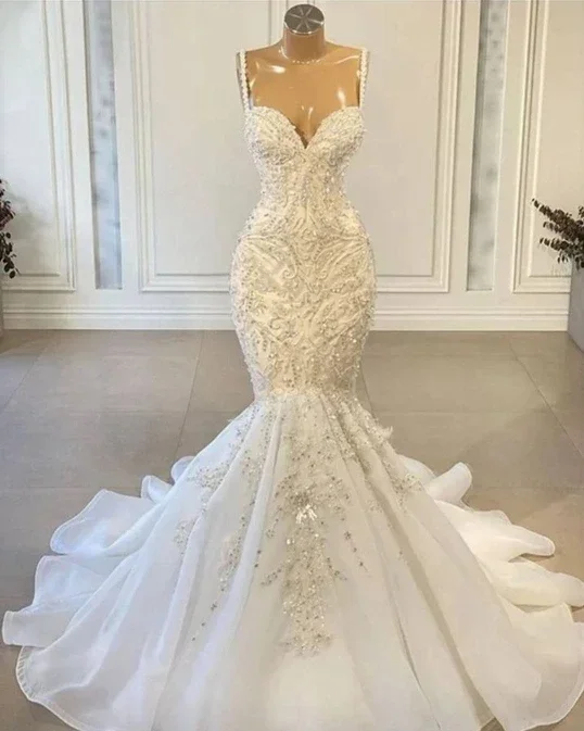 Luxury Mermaid Wedding Dresses Beaded Appliques Vintage Lace Up Back Bridal Gown Spaghetti Straps Vestido De Novia
