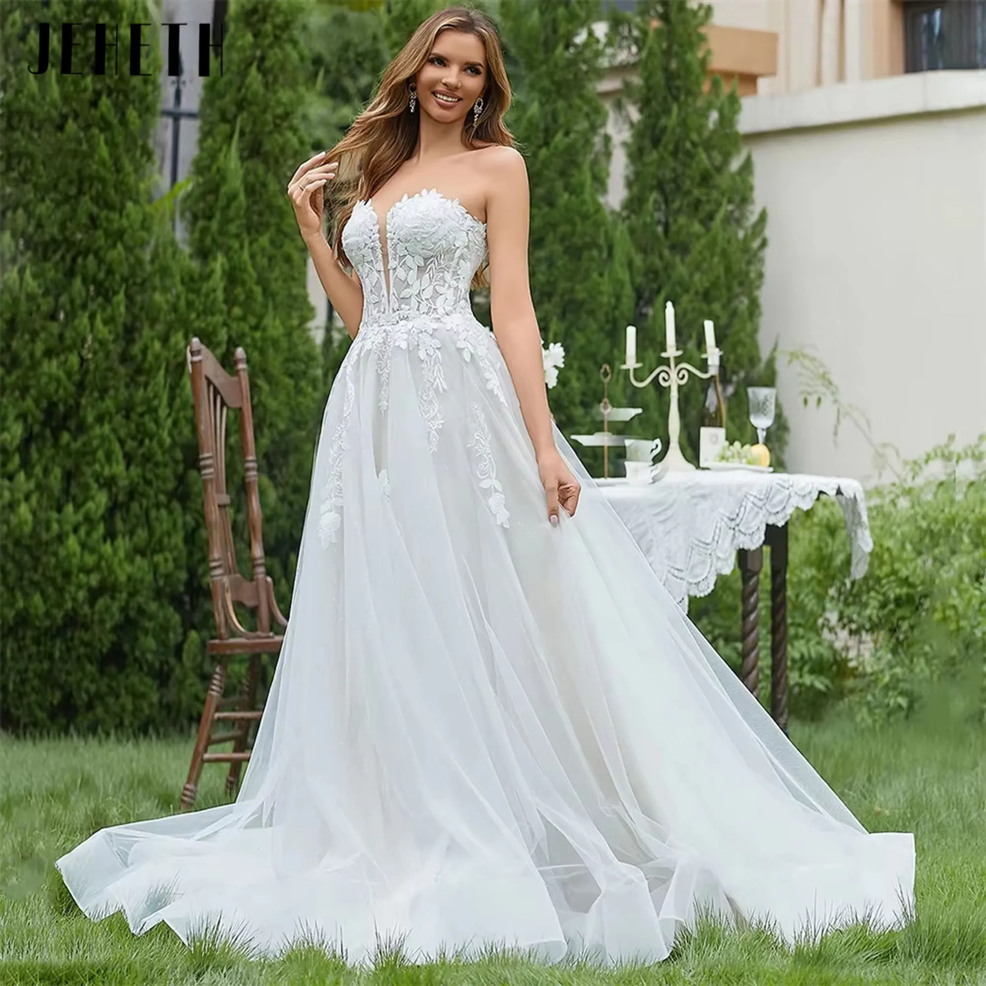 JEHETH Popular Strapless V-neck Lace Applique A Line Wedding Dresses Sweep Train Custom Made 2025 Vestido De Noival Customized 