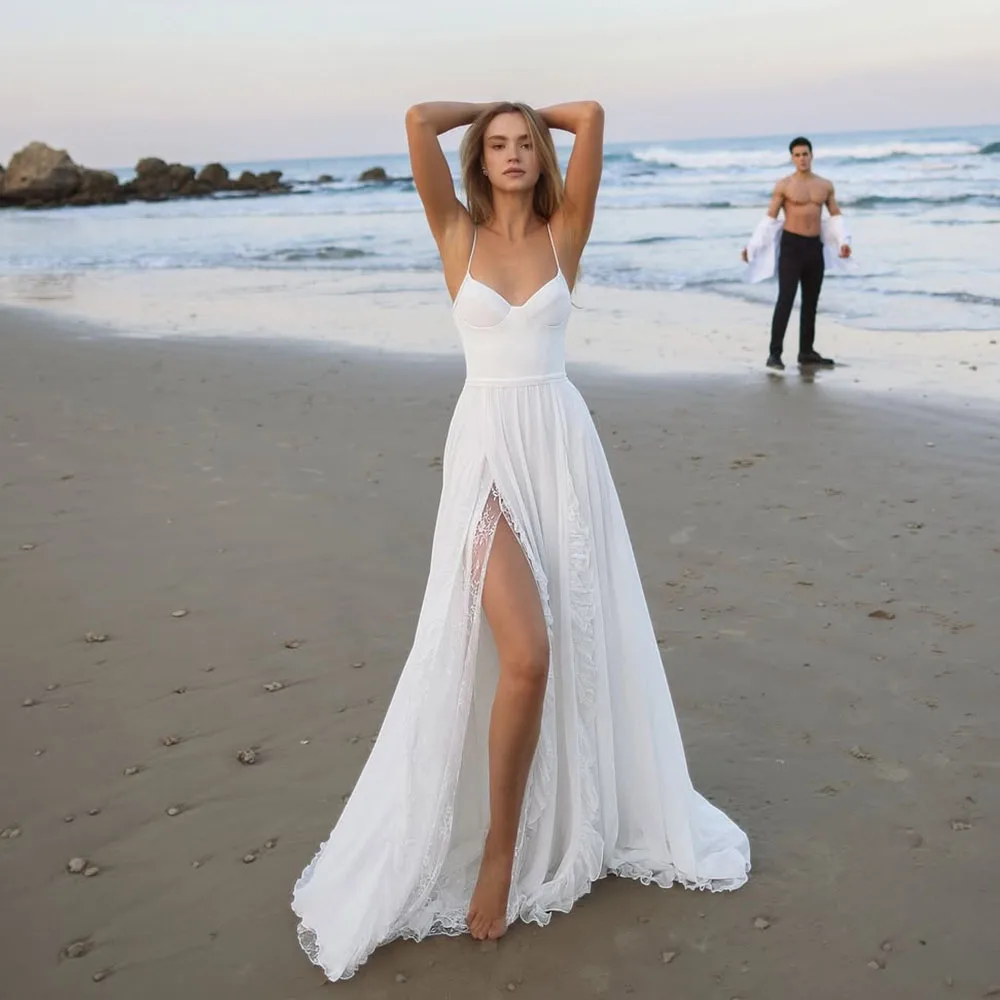 Customized Beach Wedding Dress 2026 Lace High Slit Elegant Bridal Gown Women Spaghetti Strap Boho Bride Dress Simple Party Dress