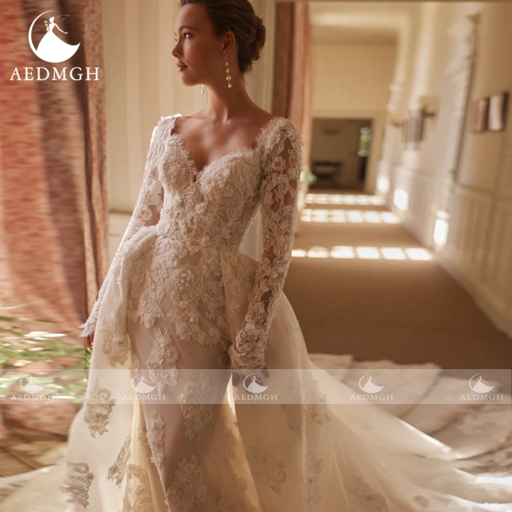 Aedmgh Mermaid Sexy Wedding Dresses Scalloped Long Sleeve Vestido De Novia Lace Embroidery 2 In 1 Chic Custom Made Bridal Gown