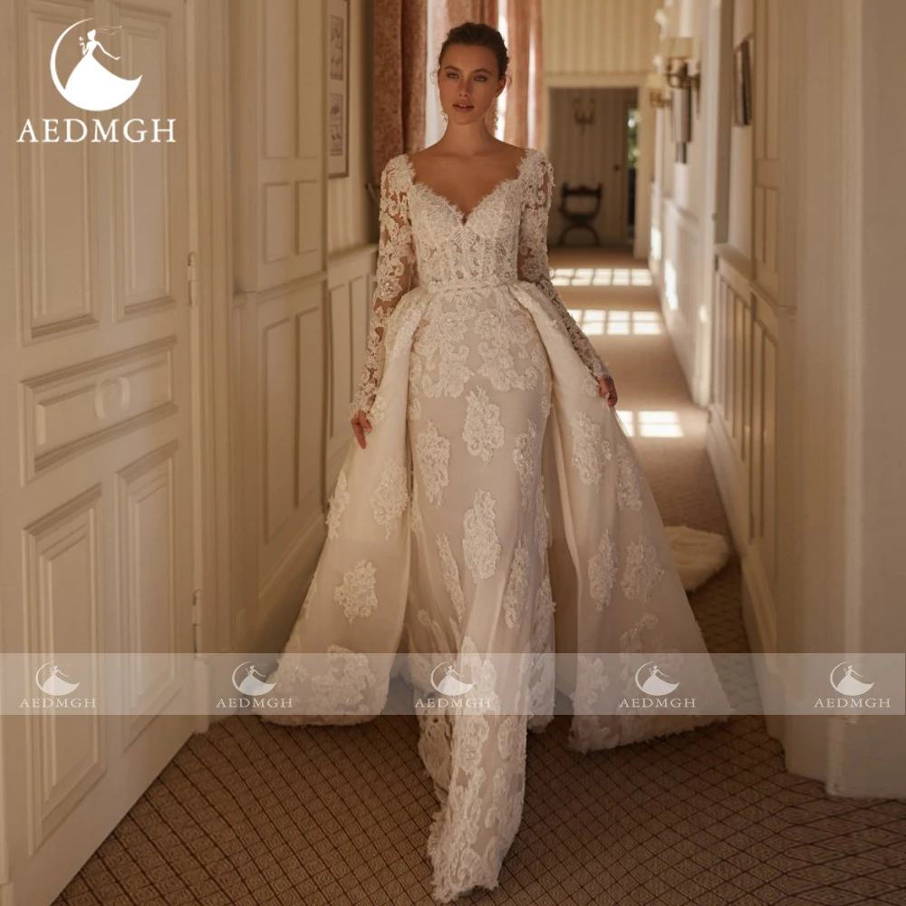 Aedmgh Mermaid Sexy Wedding Dresses Scalloped Long Sleeve Vestido De Novia Lace Embroidery 2 In 1 Chic Custom Made Bridal Gown