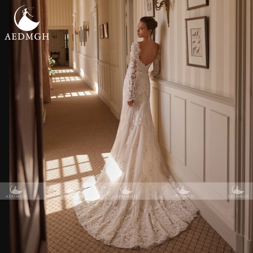 Aedmgh Mermaid Sexy Wedding Dresses Scalloped Long Sleeve Vestido De Novia Lace Embroidery 2 In 1 Chic Custom Made Bridal Gown