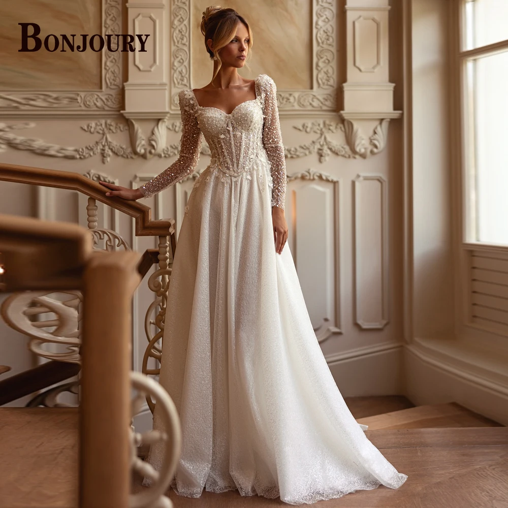 BONJOURY Glamorous A-line Wedding Dresses with Long Sleeves Sweetheart Flower Appliques Sweep Train Vestidos De Noiva Customized