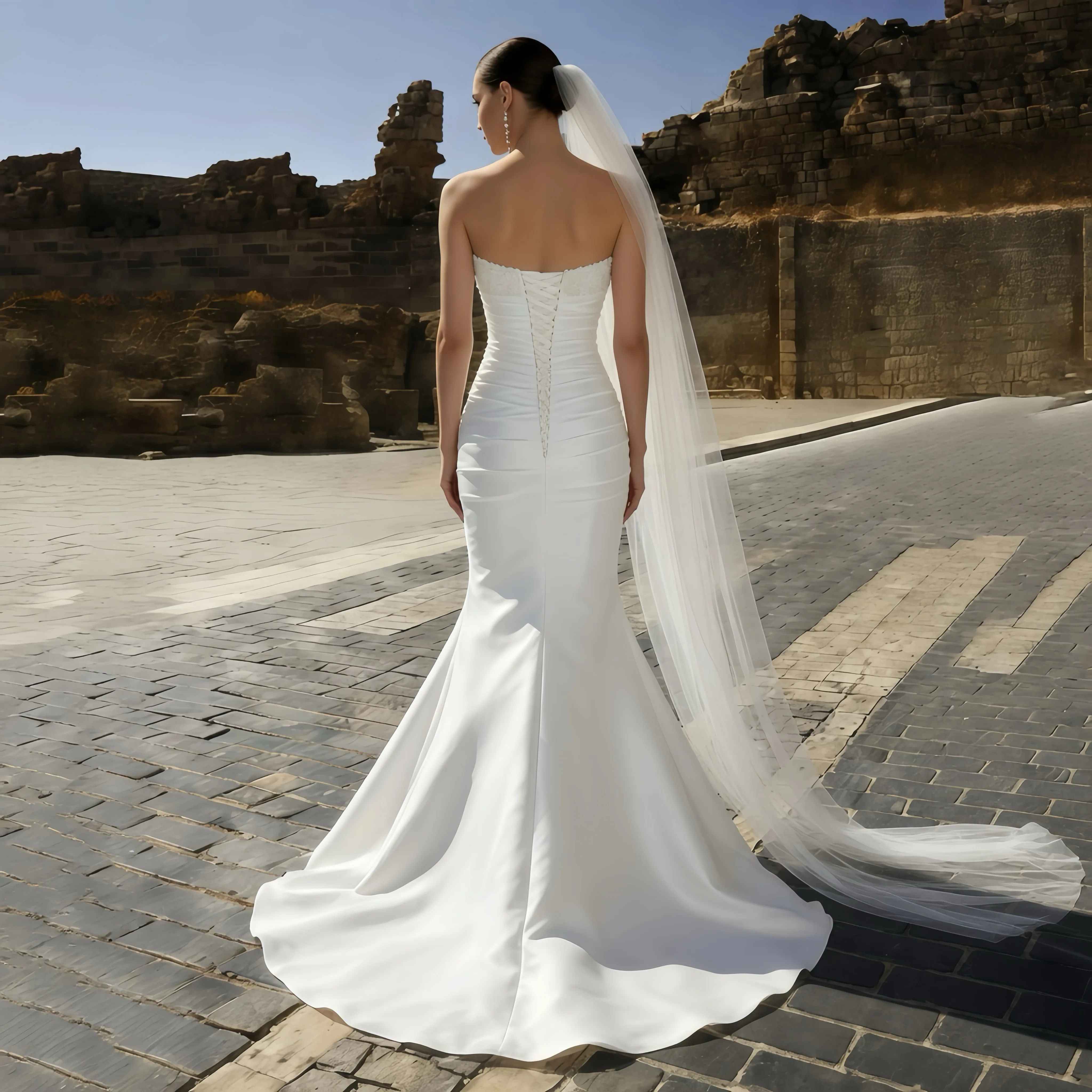 ZIBUYU Customized Elegant Satin Mermaid Wedding Dress Strapless Beaded Backless Ruched Bridal Gown