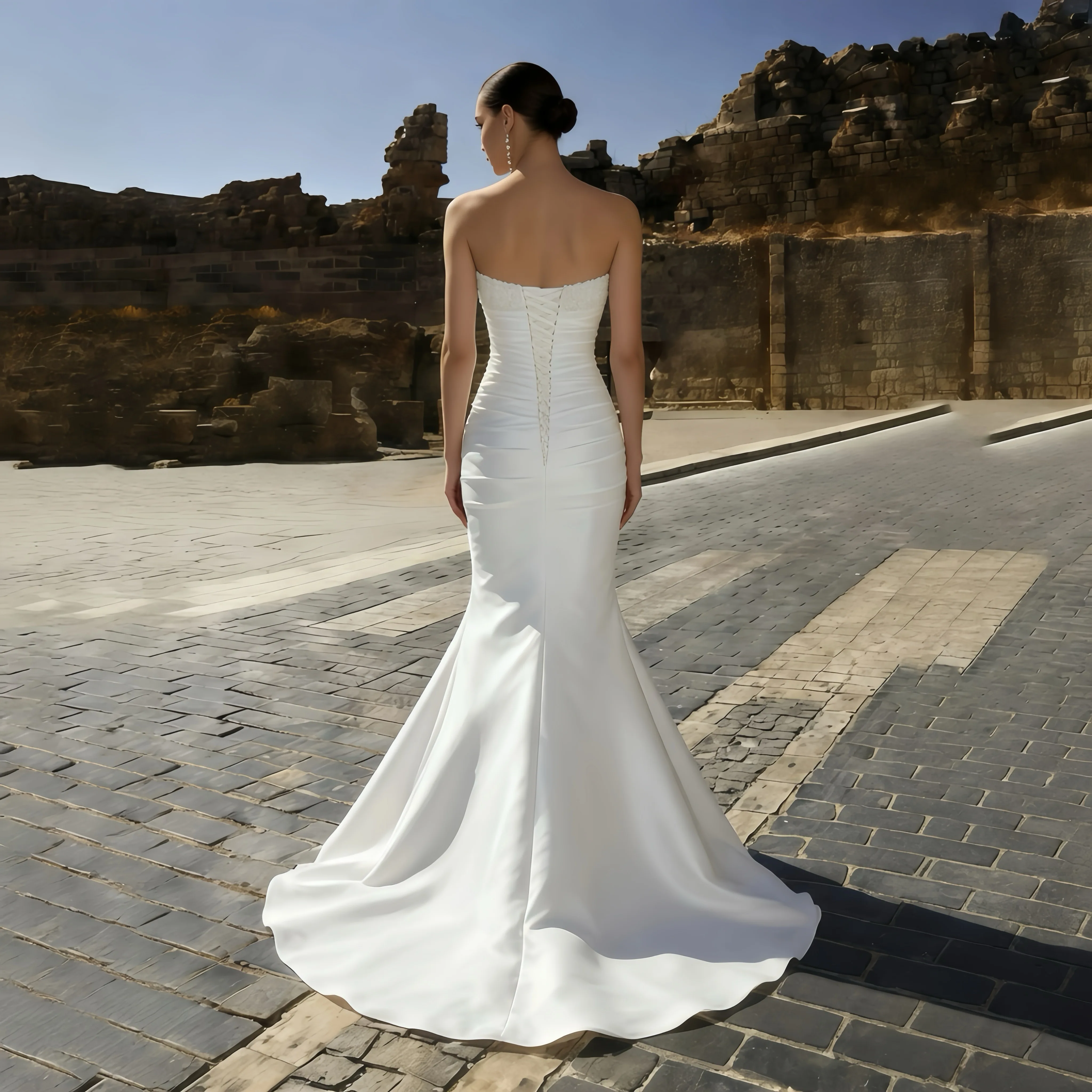 ZIBUYU Customized Elegant Satin Mermaid Wedding Dress Strapless Beaded Backless Ruched Bridal Gown