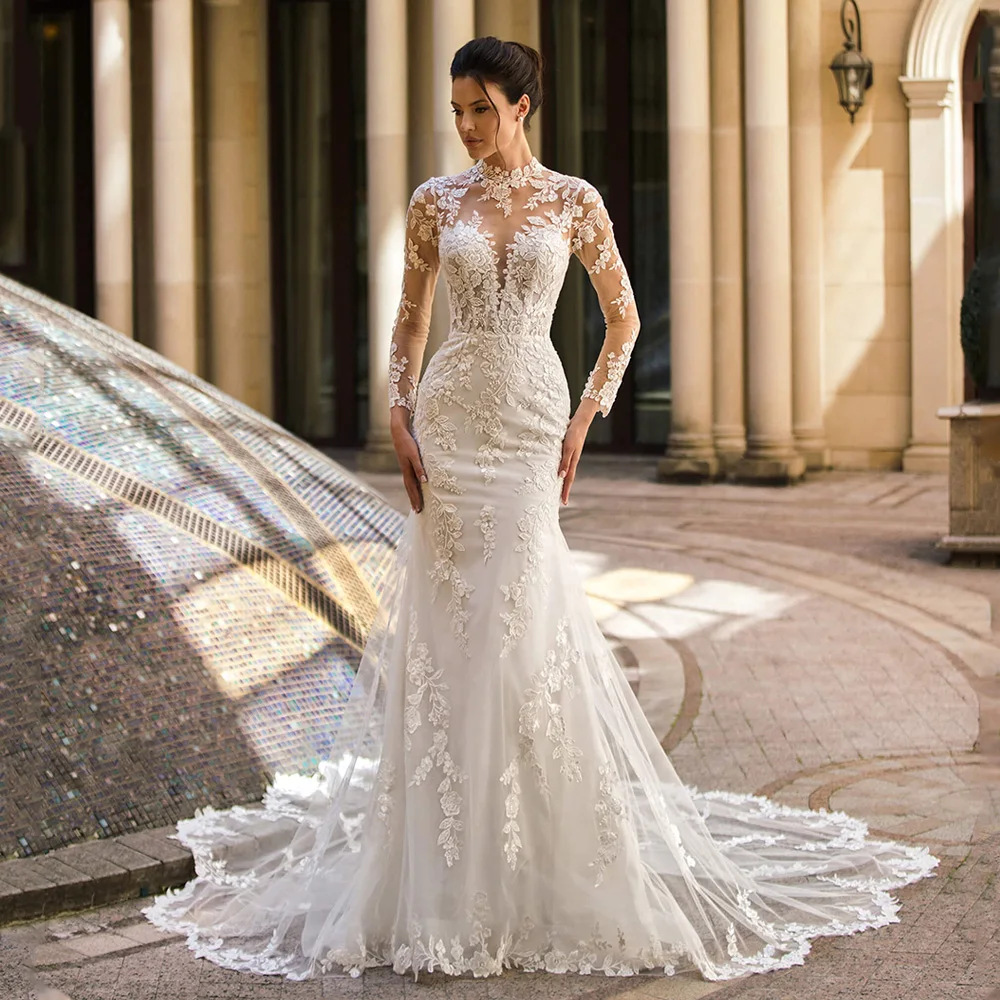 Court Train Mermaid Wedding Dress Customized Long Sleeves Illusion Applique Back Zipper Buttons Lace Bridal Gown Robe Mariee