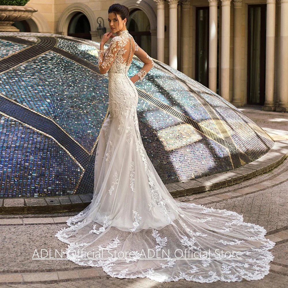 Court Train Mermaid Wedding Dress Customized Long Sleeves Illusion Applique Back Zipper Buttons Lace Bridal Gown Robe Mariee