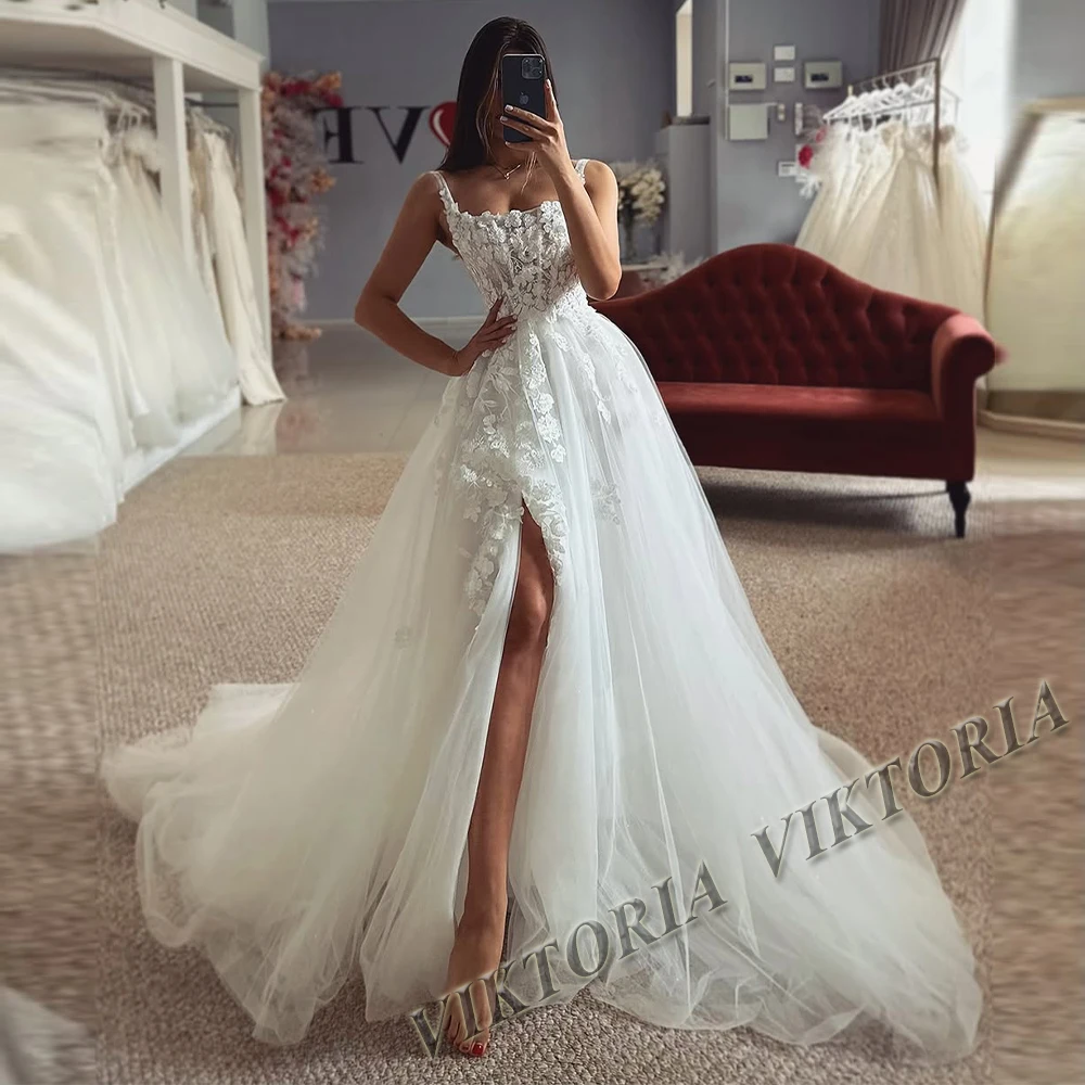 VIKTORIA Attractive Corset Wedding Dresses For Woman Bride Slit Square Collar Tulle Appliques Vestido De Casamento Customized