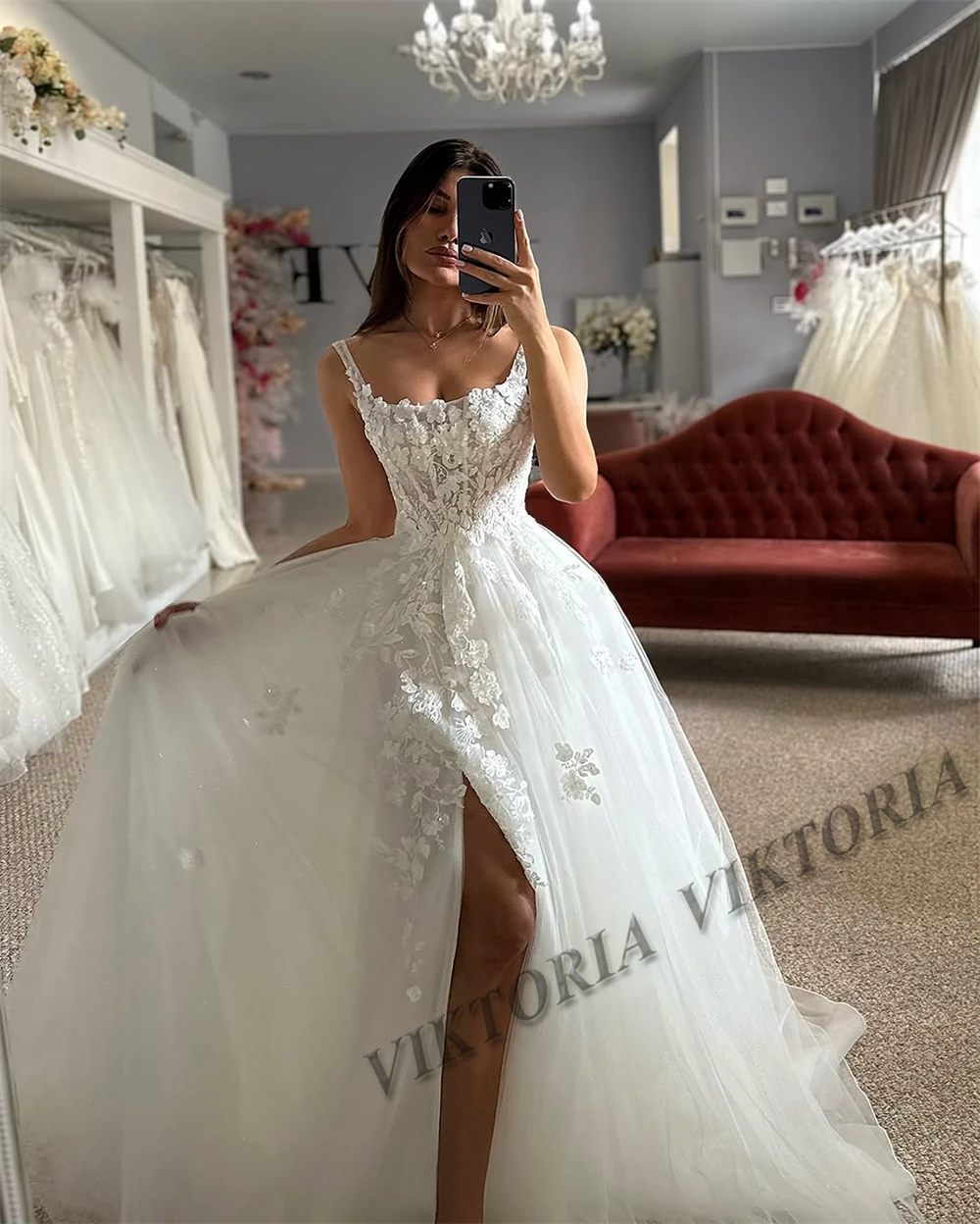 VIKTORIA Attractive Corset Wedding Dresses For Woman Bride Slit Square Collar Tulle Appliques Vestido De Casamento Customized