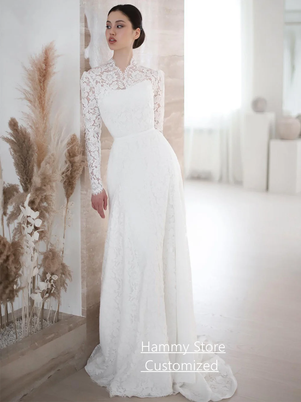 Woman Arabian Wedding Dress Customized Long Sleeves High Neck Saudi Arabic Bridal Gown Sweep Train Bride Robe De Mariee