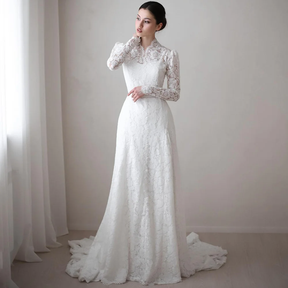 Woman Arabian Wedding Dress Customized Long Sleeves High Neck Saudi Arabic Bridal Gown Sweep Train Bride Robe De Mariee