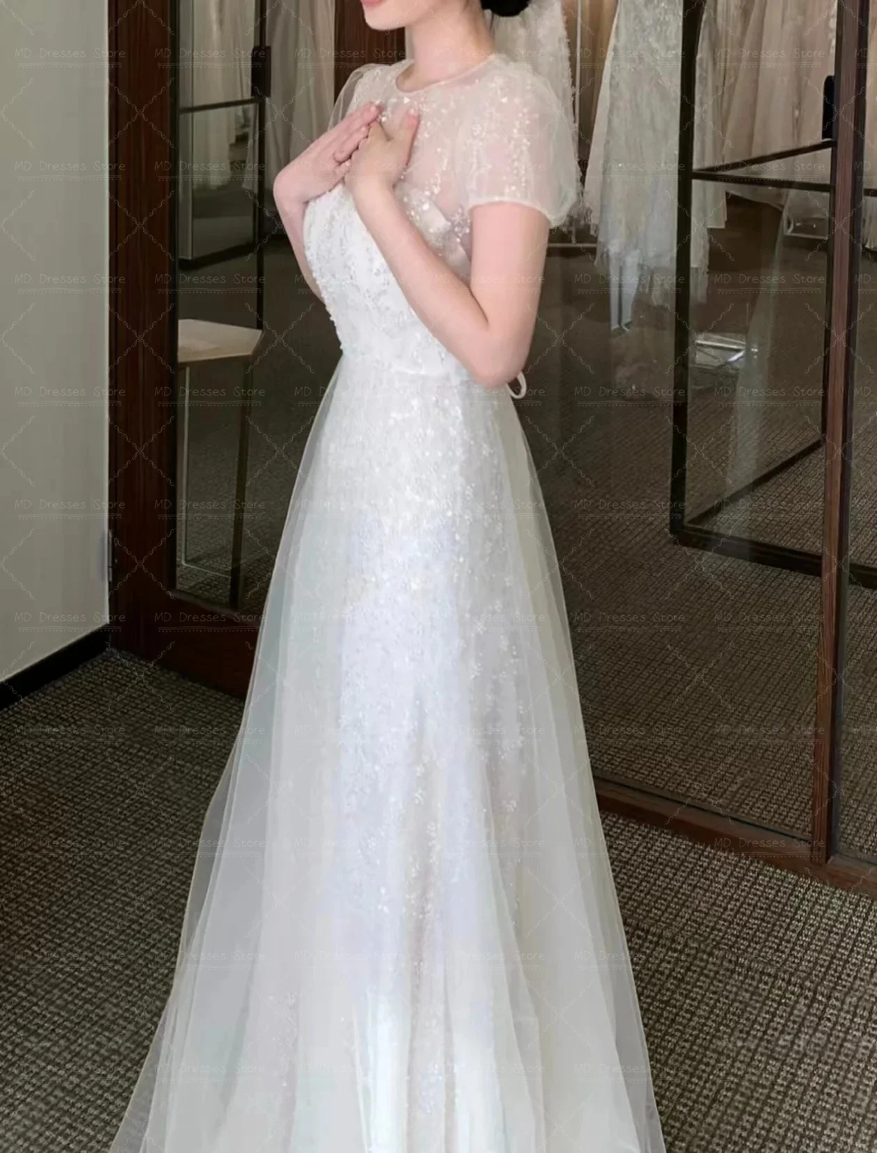 MD Short Sleeves Wedding Party Dress Tulle A-Line Beads Korea Photo Shoot Bridal Reception Gown Customized 웨딩드레스 2026 New