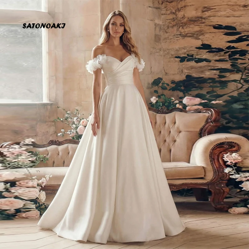 Customized Elegant Off Shoulder Ivory Satin Pleat Wedding Dress for Women Corset Back Bride Gown with Flowers Vestidos De Novia