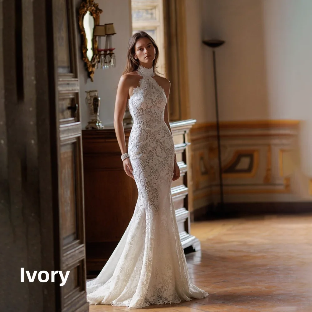 Halter Mermaid Wedding Dress Vintage Full Lace Sleeveless Open Back Bridal Gown Chapel Train Custom Size Wedding Bridal Dresses