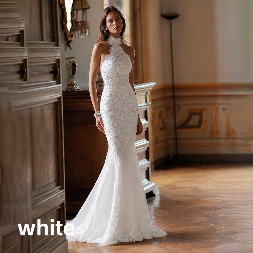 Halter Mermaid Wedding Dress Vintage Full Lace Sleeveless Open Back Bridal Gown Chapel Train Custom Size Wedding Bridal Dresses