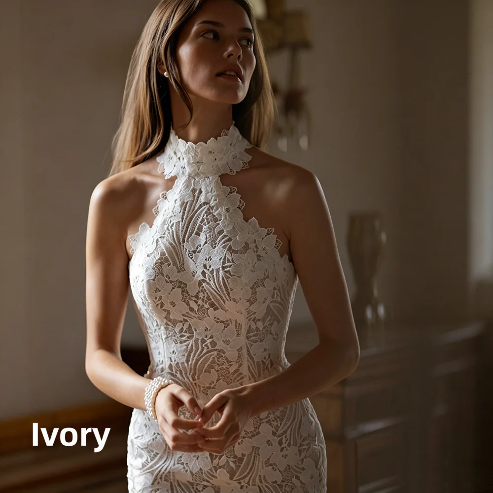 Halter Mermaid Wedding Dress Vintage Full Lace Sleeveless Open Back Bridal Gown Chapel Train Custom Size Wedding Bridal Dresses